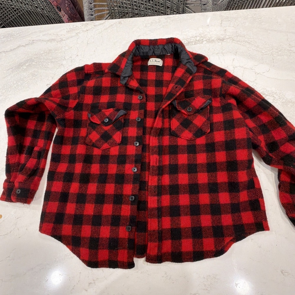 Vintage LL Bean Shirt Mens M Red Buffalo Plaid Wool Flannel Button Up 70s 80s